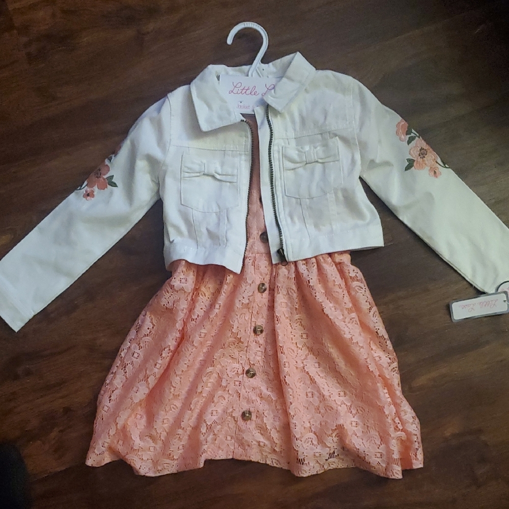 Little Lass Cream and Peach Floral Jean Jacket Set
